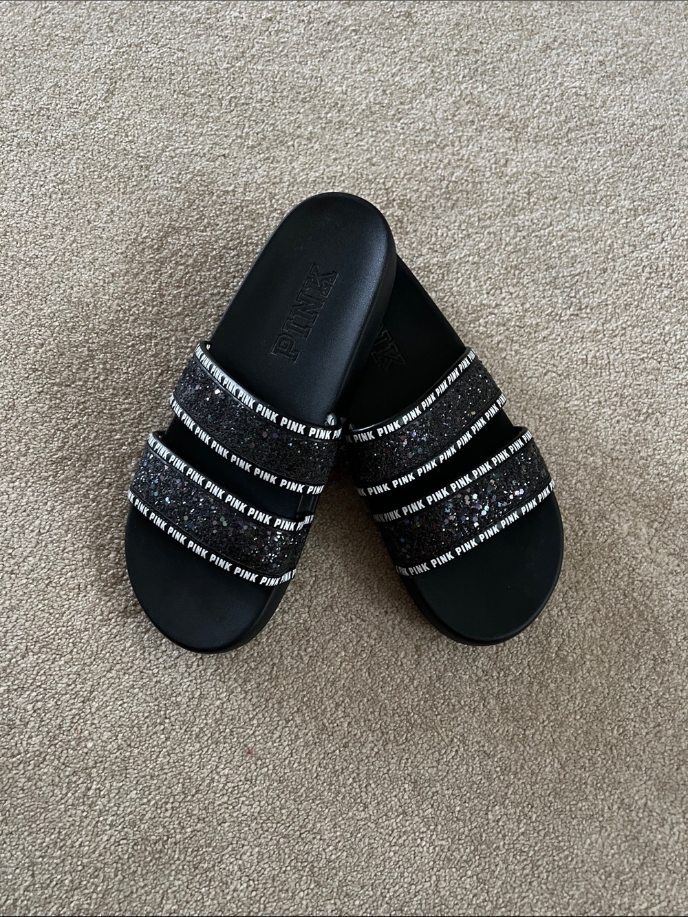 PINK Victoria's Secret Black Glitter Logo Slide Sandals